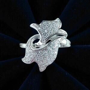 Sterling Silver Double Dolphin Ring, Pavé CZ Wave Design, Size 6.25, 925 Marked